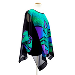 Load image into Gallery viewer, caftan top pure silk hand painted peacock feather art design handmade by Lynne Kiel
