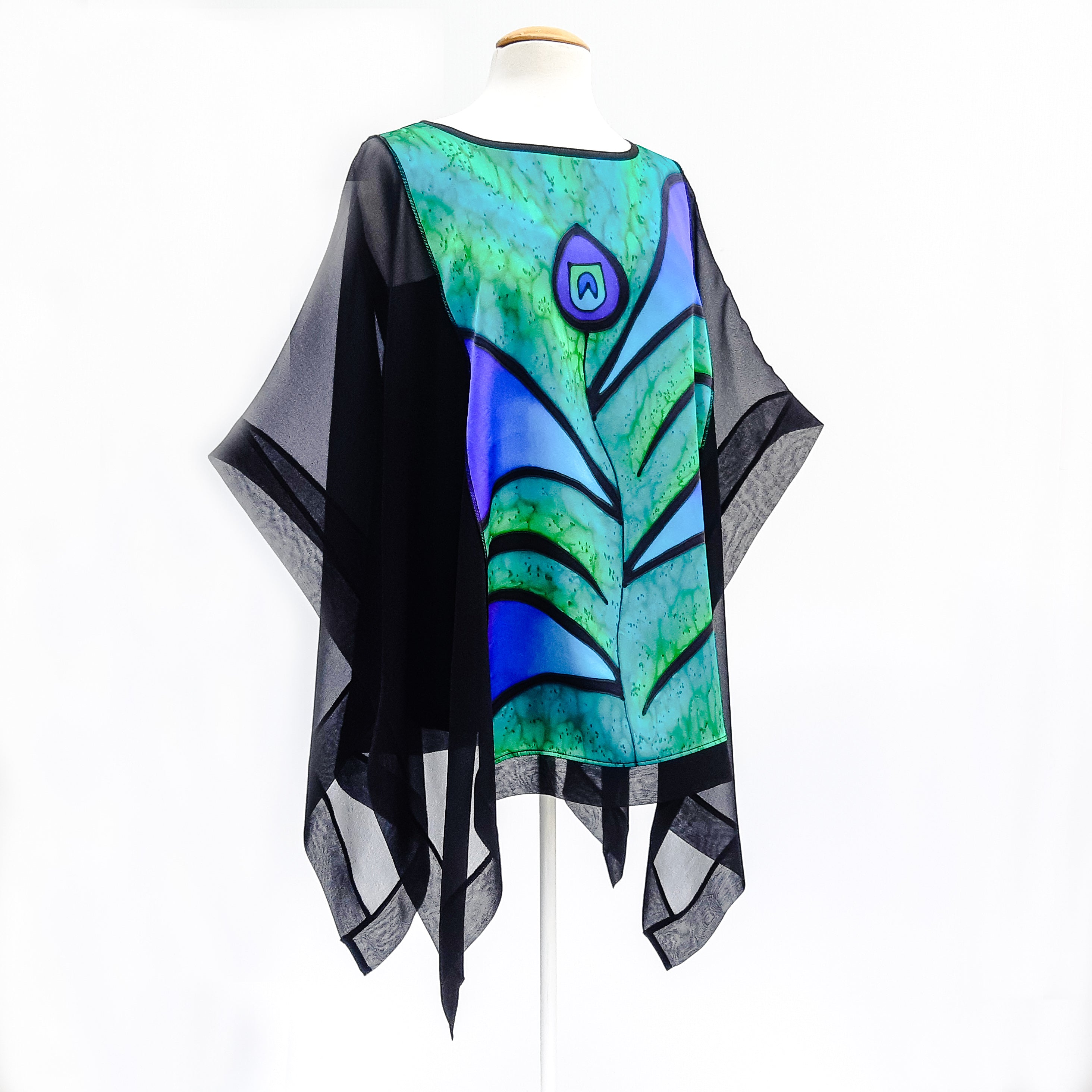 One size poncho top hand painted silk green peacock feather 