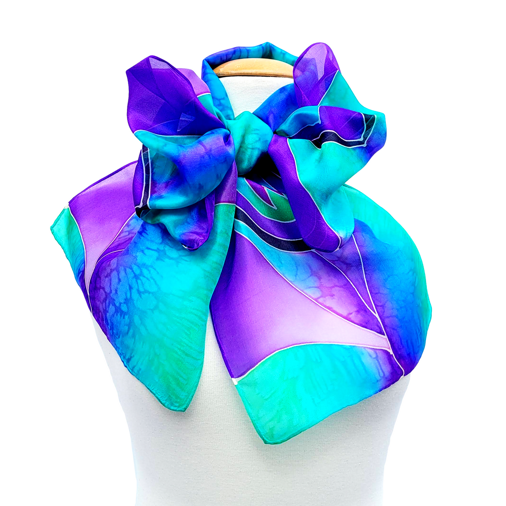 Silk neck scarf hand painted purple green color peacock feather design art handmade by Lynne Kiel