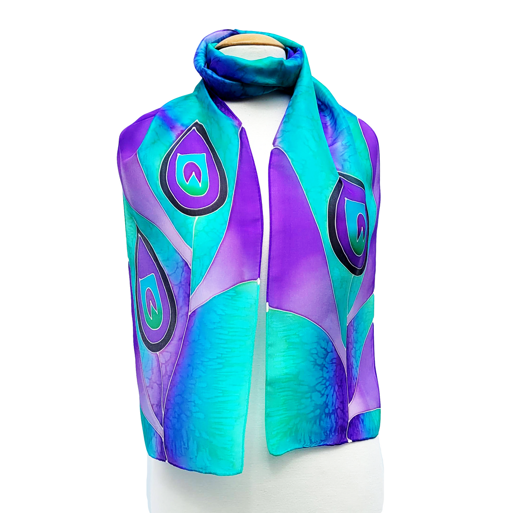 purple silk scarf for ladies hand painted peacock feather design art handmade in Canada by Lynne Kiel