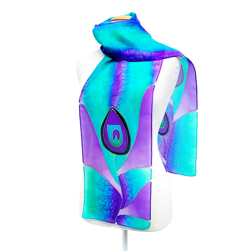 Silk clothing ladies scarf accessory hand painted purple green colors handmade by Lynne Kiel