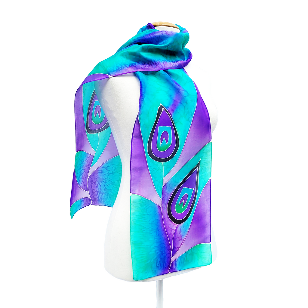 peacock feather design art hand painted silk long scarf handmade by Lynne Kiel