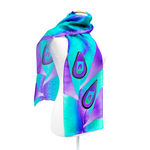 Load image into Gallery viewer, peacock feather design art hand painted silk long scarf handmade by Lynne Kiel
