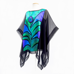 Load image into Gallery viewer, one size black top for women painted silk peacock feather made in Canada
