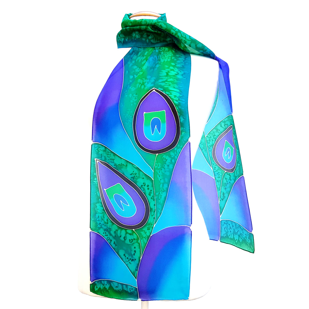 ladies long silk design scarf painted silk green peacock feather by Lynne Kiel