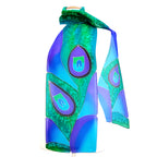 ladies long silk design scarf painted silk green peacock feather by Lynne Kiel