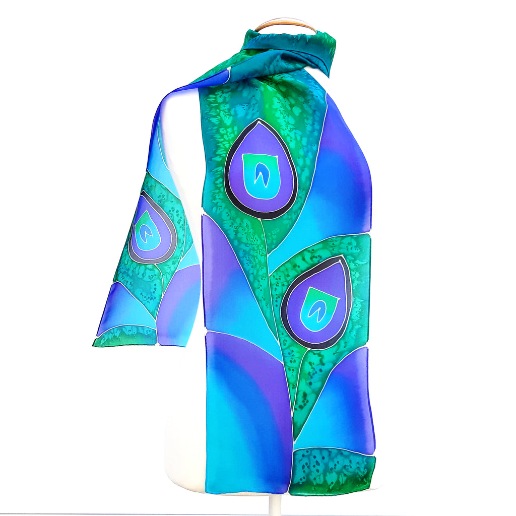 painted silk blue green peacock feather scarf handmade by Lynne Kiel