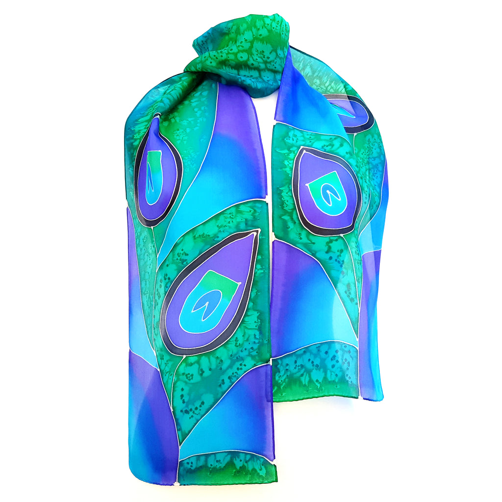 painted silk ladies scarf blue green color made in Canada