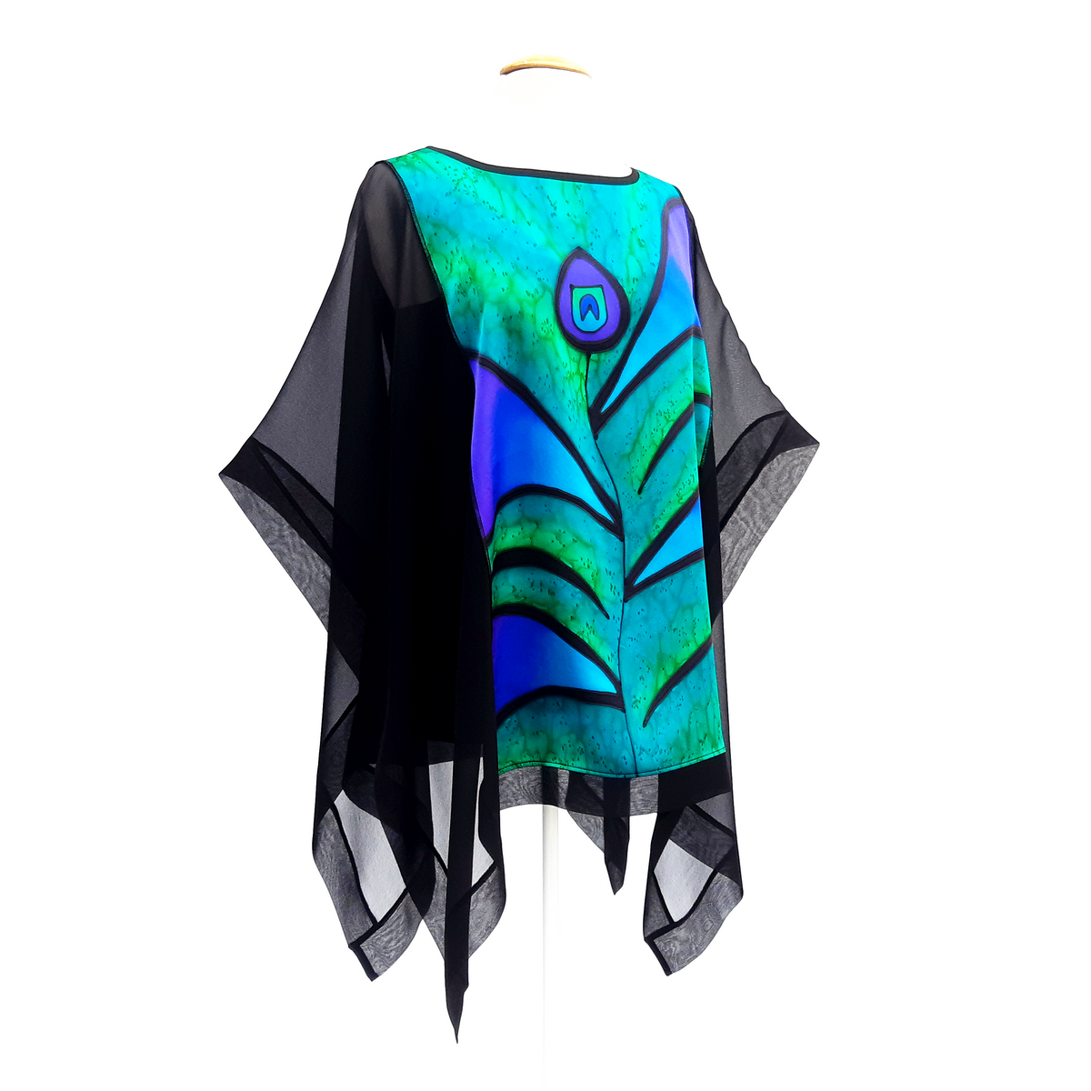 hand painted silk poncho top green purple peacock feather art design handmade by Lynne Kiel