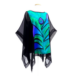 Load image into Gallery viewer, hand painted silk poncho top green purple peacock feather art design handmade by Lynne Kiel
