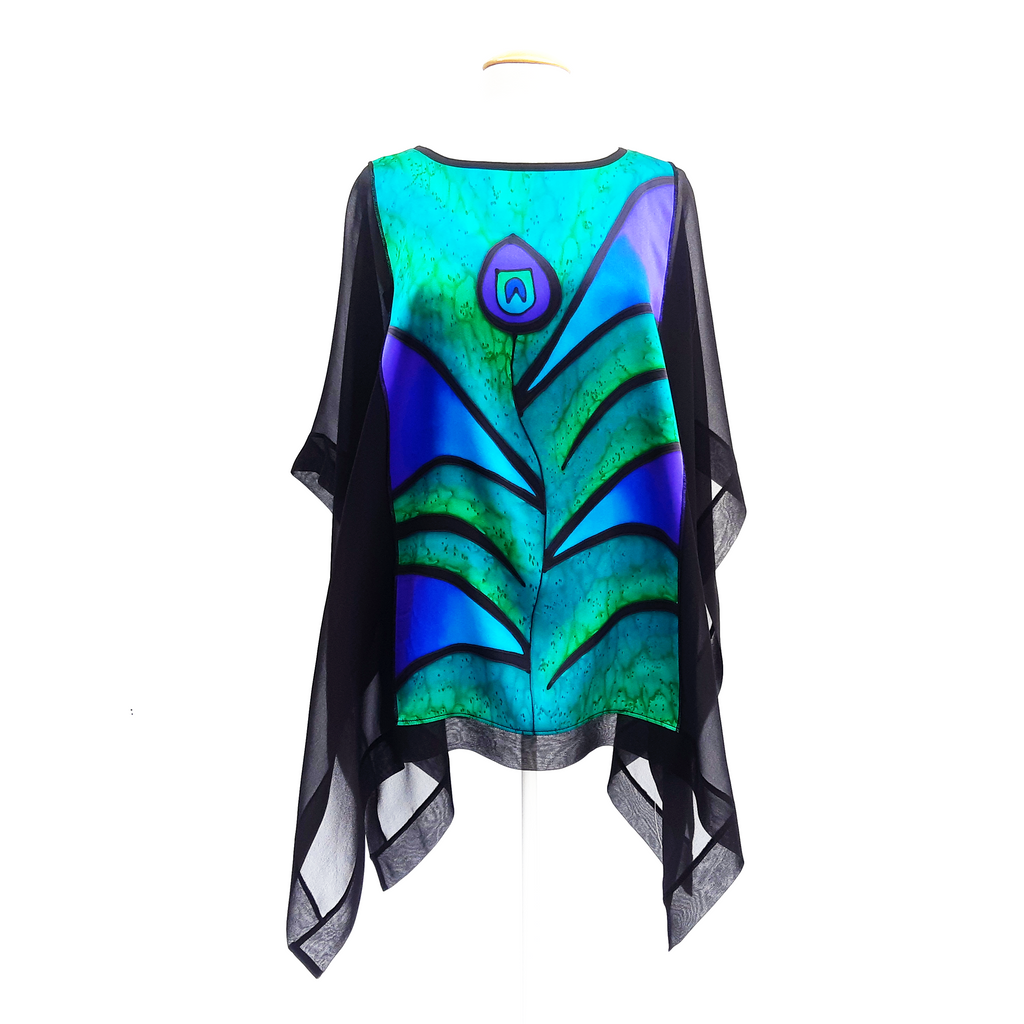 Silk clothing hand painted poncho top green peacock feather design art handmade by Lynne Kiel