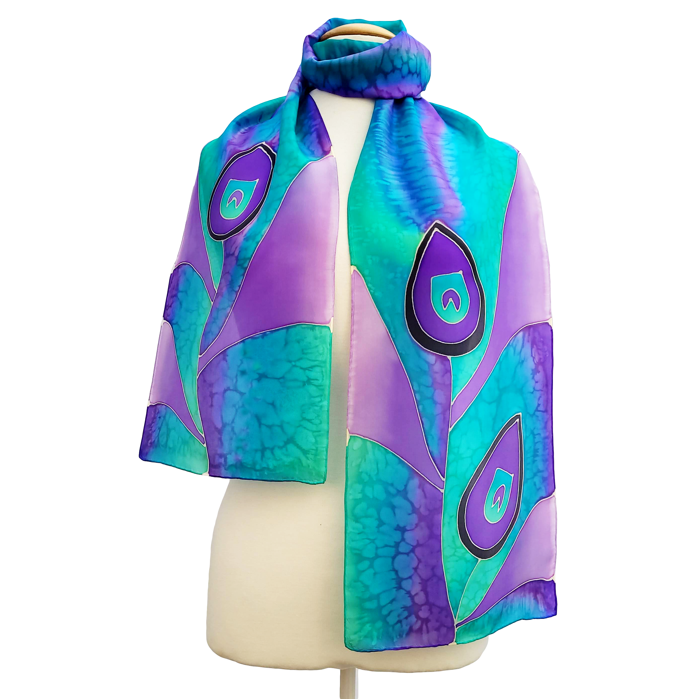 hand painted long silk scarf purple mauve green color hand painted by Lynne Kiel