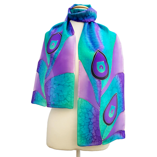 hand painted long silk scarf purple mauve green color hand painted by Lynne Kiel