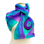 Load image into Gallery viewer, purple silk scarf hand painted peacock feather design art handmade by Lynne Kiel
