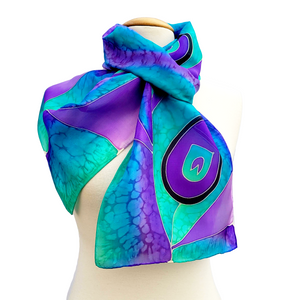 purple silk scarf hand painted peacock feather design art handmade by Lynne Kiel