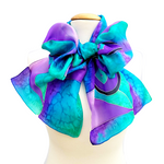 Load image into Gallery viewer, purple and green peacock feather design art hand painted silk scarf handmade by Lynne Kiel
