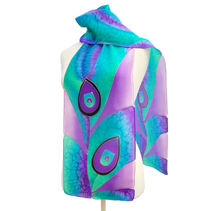 silk scarf purple mauve color hand painted peacock feather design art handmade by Lynne Kiel