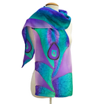 Load image into Gallery viewer, peacock feather design art hand painted silk scarf made in Canada by Lynne Kiel
