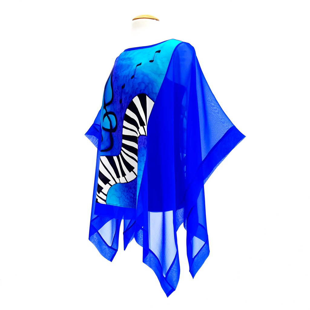 blue silk top ladies poncho painted silk treble clef keyboard design made by Lynne Kiel