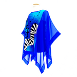 Load image into Gallery viewer, blue silk top ladies poncho painted silk treble clef keyboard design made by Lynne Kiel
