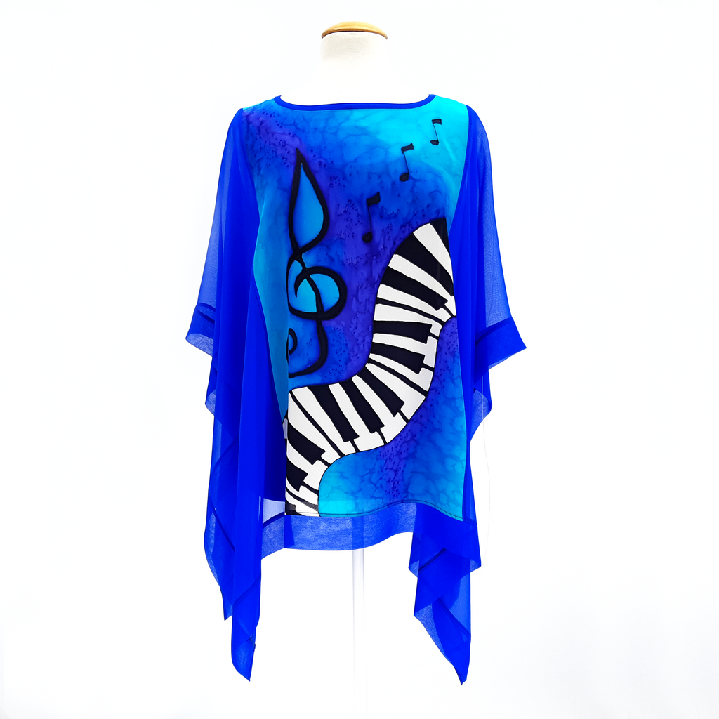 blue silk long top one size ladies painted silk piano over blouse cruise wear festival wear made by Lynne Kiel