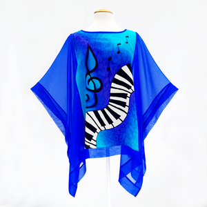 painted silk piano poncho top royal blue women's one size cruise wear wedding outfit made by Lynne Kiel