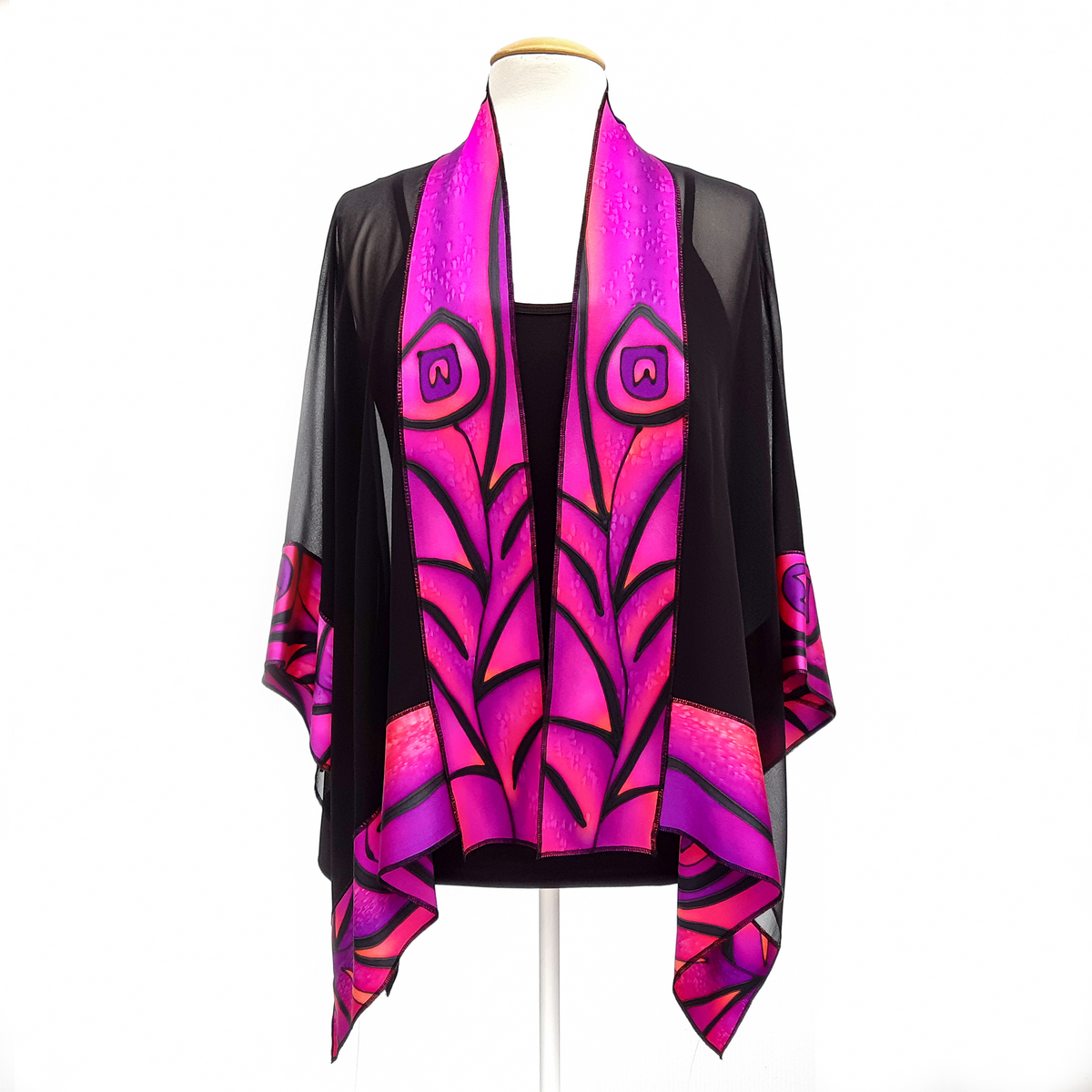 one size womens kimono top hand painted pure sik pink purple black colors handmade by Lynne Kiel made in Canada