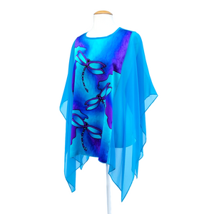 painted silk clothing one size poncho top for women blue dragonflies art design handmade by Lynne Kiel
