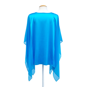 Turquoise blue pure silk poncho top one size for ladies back view handmade by Lynne Kiel