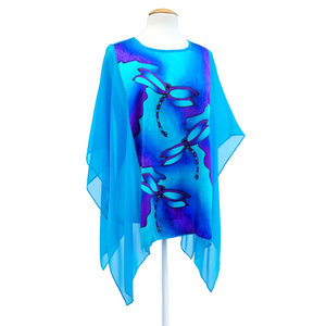 turquoise blue dragonflies hand painted silk poncho top one size clothing for women handmade by Lynne Kiel