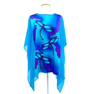 one size ladies clothing pure silk blue poncho top hand painted dragonfly art design handmade by Lynne Kiel