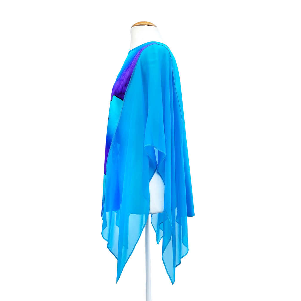 one size ladies poncho top hand painted blue dragonfly art design handmade by Lynne Kiel