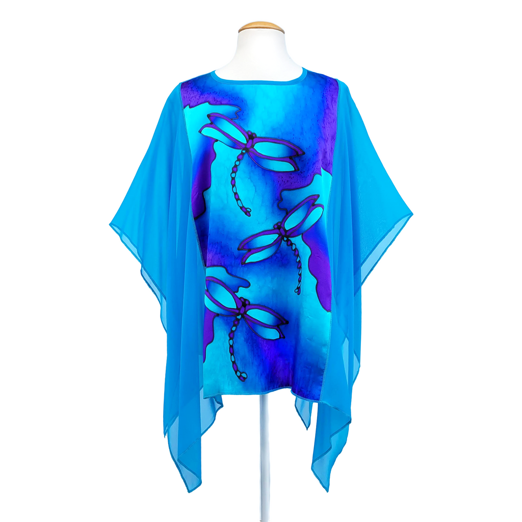 hand painted silk clothing one size womens poncho top dragonfly art design handmade in Canada by Lynne Kiel 