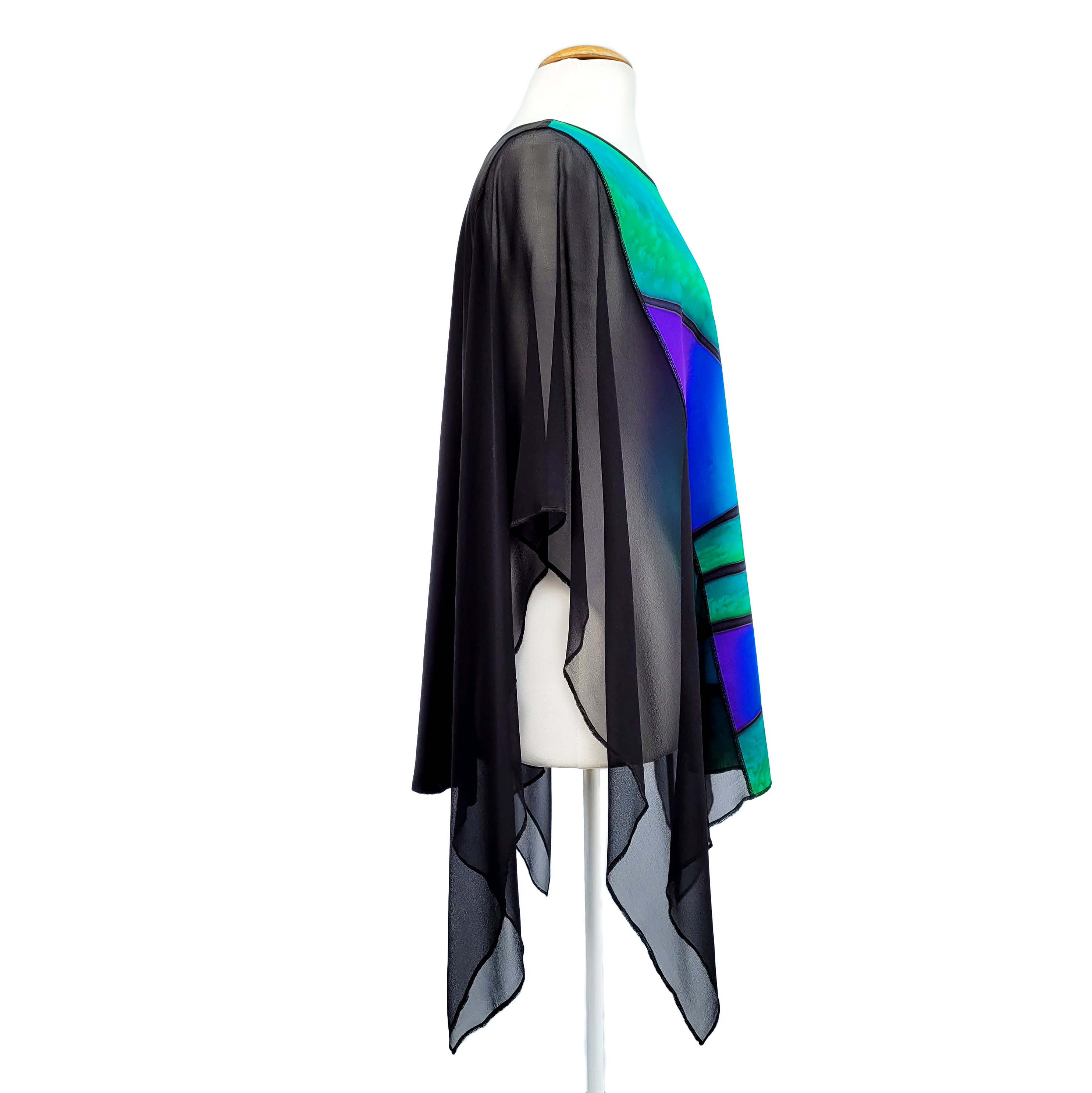 poncho top hand painted pure silk black green color peacock feather art handmade By Lynne Kiel
