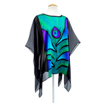 Load image into Gallery viewer, one size ladies clothing hand painted silk pecock feather poncho top handmade by Lynne Kiel
