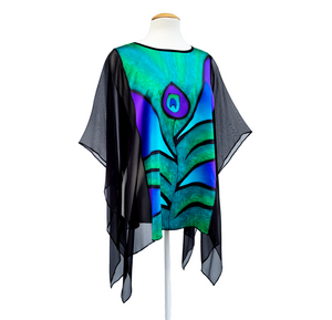 one size ladies clothing hand painted silk pecock feather poncho top handmade by Lynne Kiel