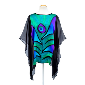 hand painted silk clothing one size poncho top green blue peacock feather art design handmade by Lynne Kiel