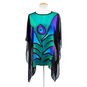 green peacock feather hand painted silk poncho top one size ladies clothing handmade by Lynne Kiel