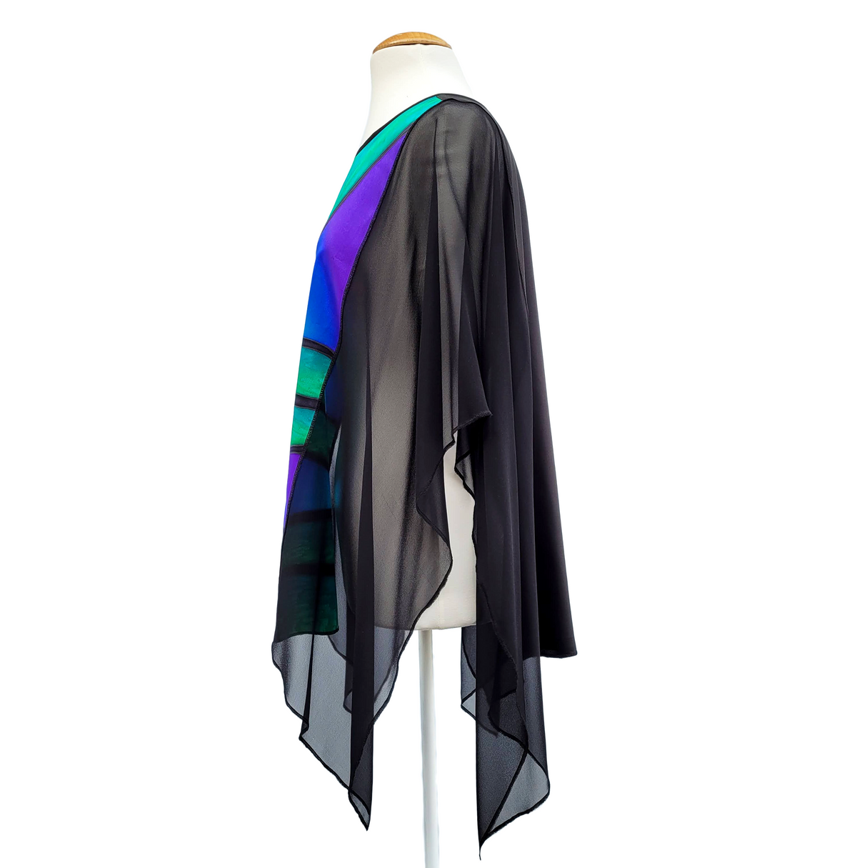 silk clothing ladies fachion one size poncho top hand painted silk green peacock feather art design handmade by Lynne Kiel