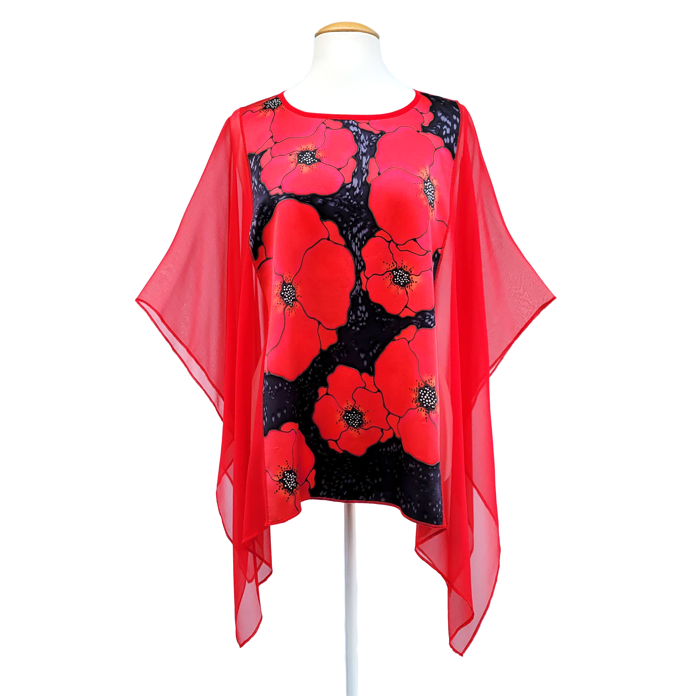 painted silk ladies clothing one size red poncho top hand painted pure silk Red poppy art design handmade by Lynne Kiel