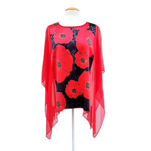 hand painted silk red poppies art design one size poncho top handmade by Lynne Kiel