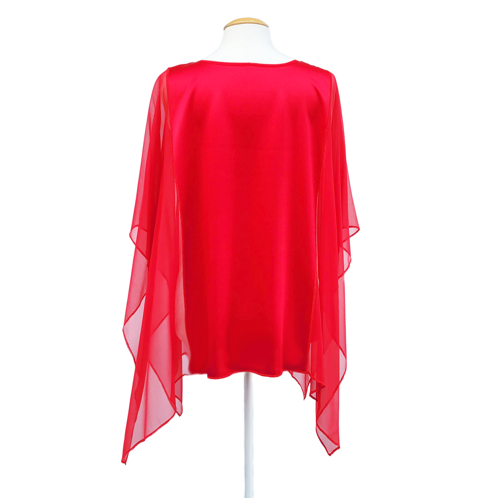 Red silk ladies top ones size poncho hand painted red poppy art design handmade by Lynne Kiel