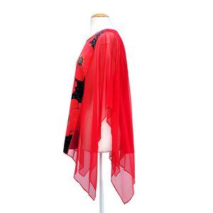 Red silk clothing one size womens poncho top hand painted silk red poppy art design handmade by Lynne Kiel 