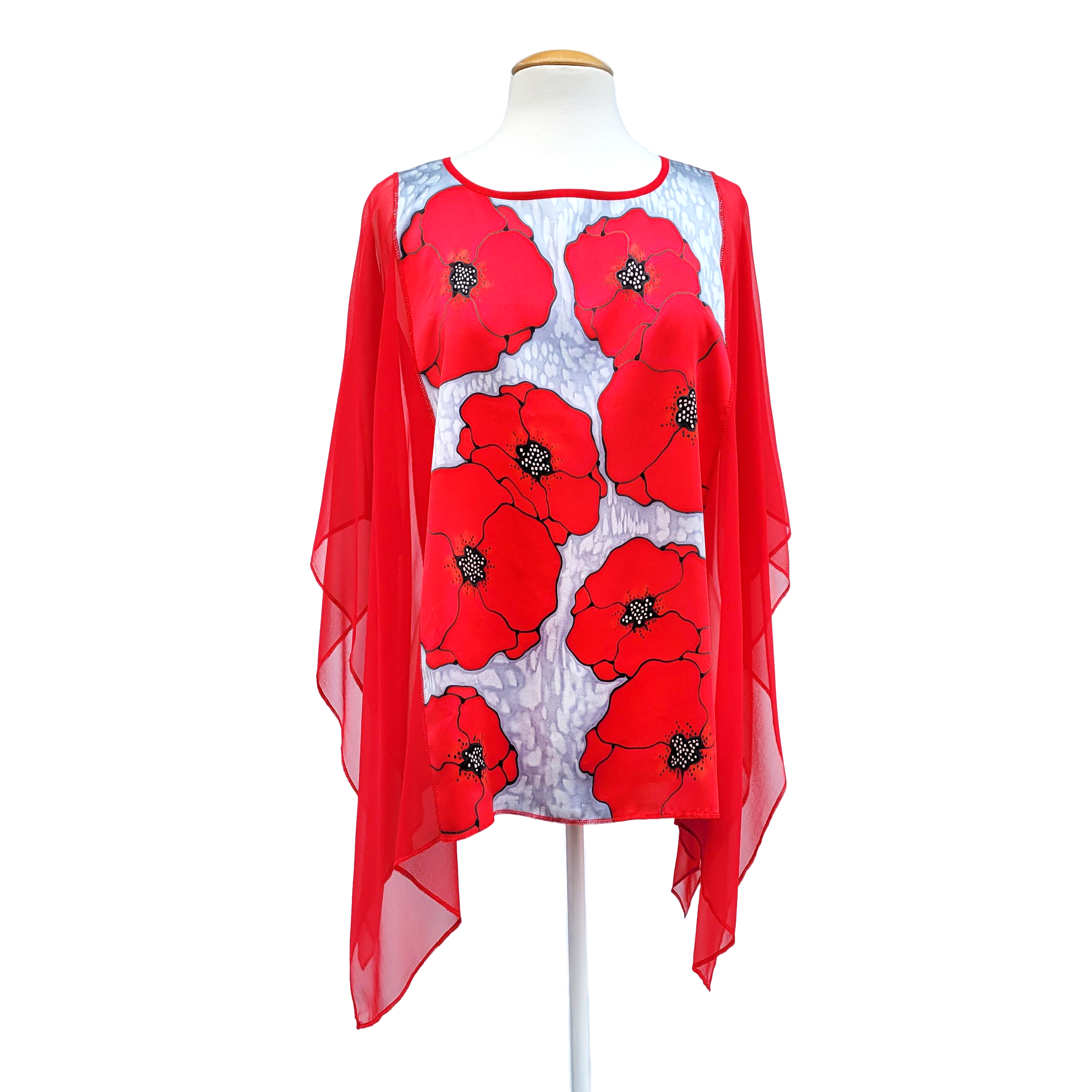 Red poppies on silver grey hand painted silk clothing one size poncho top handmade by Lynne Kiel