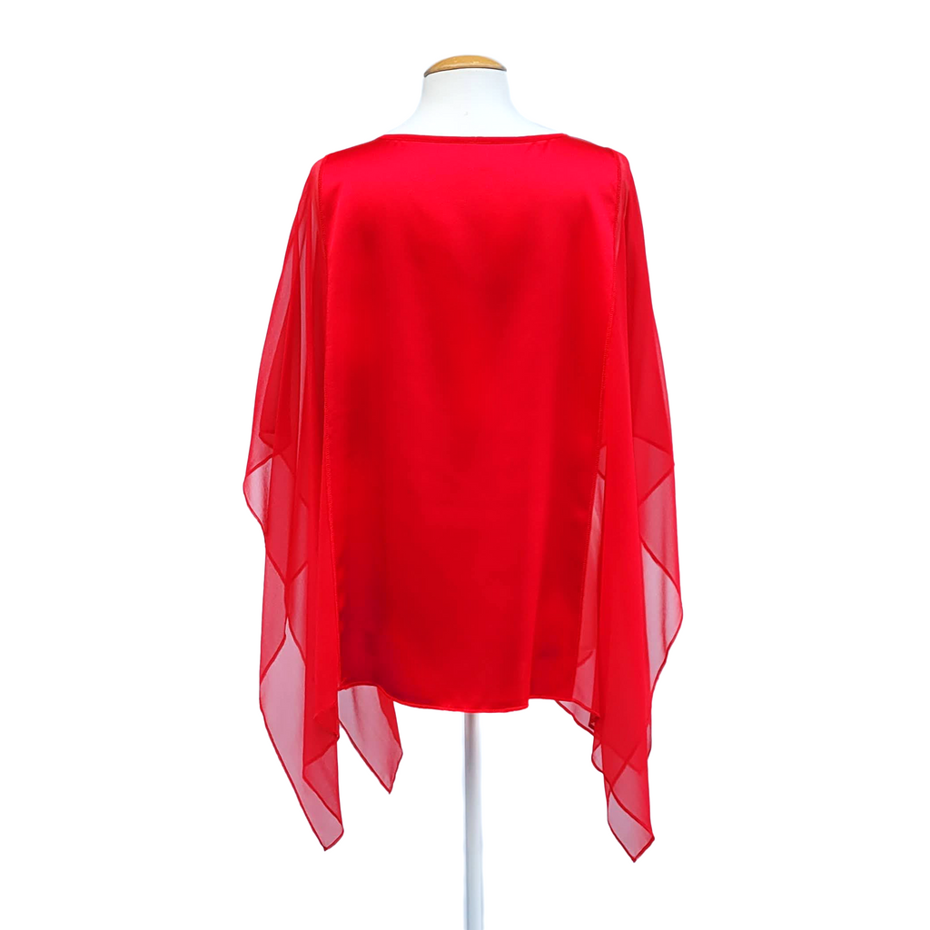 Red silk ladies clothing poncho style top womens one size blouse hand painted red poppy art design handmade by Lynne Kiel