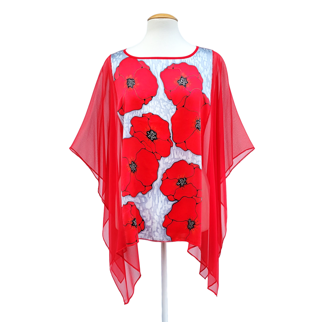 silk clothing ladies poncho top hand painted red popies on silver grey art design handmade by Lynne Kiel