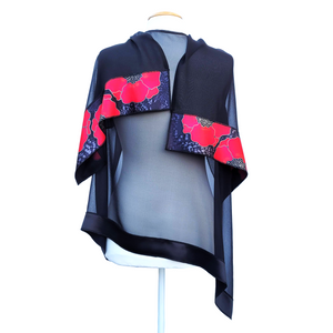 hand painted silk clothing red poppy art design black silk shawl handmade by Lynne Kiel