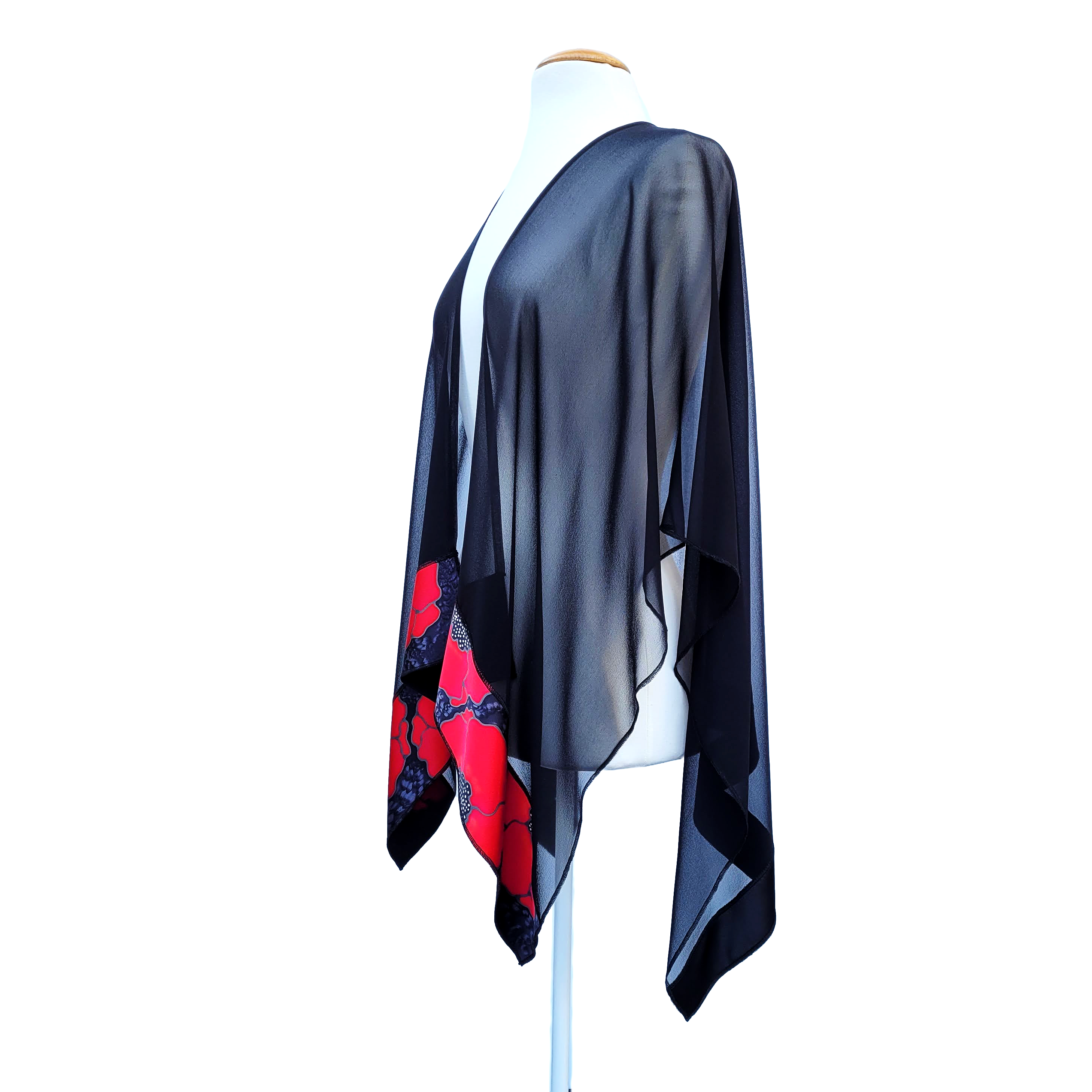 pure silk sheer black silk shawl handpainted red poppies art design handmade by Lynne Kiel