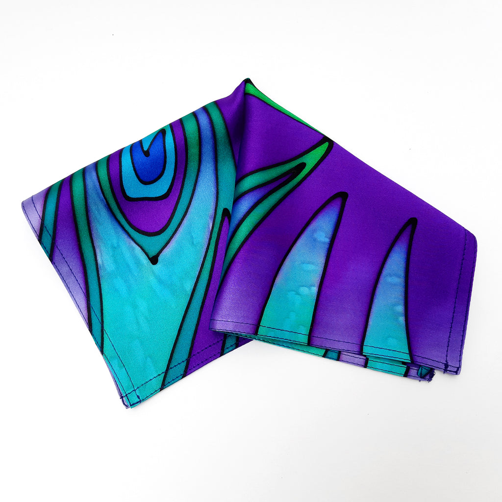 mauve painted silk peacock feather pocket square men's fashion accessory handmade by Lynne Kiel