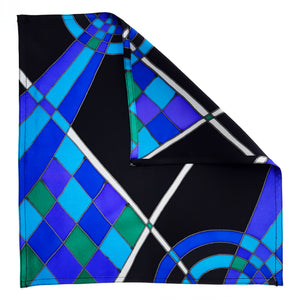 Painted silk blue black satin pocket square men's fashion handmade in Canada by Lynne Kiel 